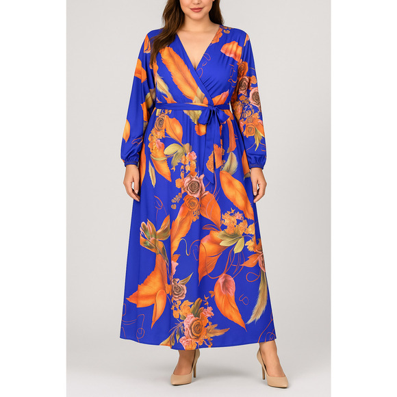 5XL Royal Blue Floral Maxi Dress Wrap V-Neck Long Sleeve Belted Boho - Picture 1 of 10